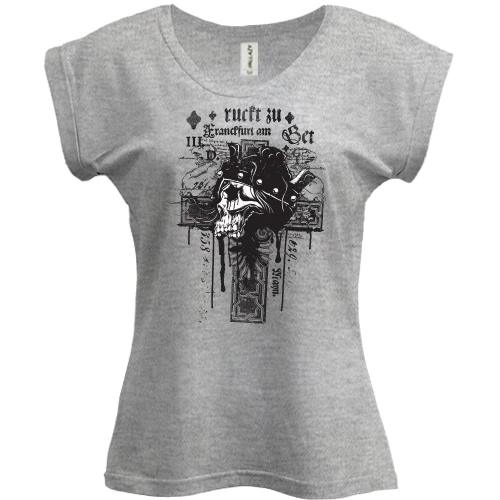 Футболка женская PANI, серый меланж, с черепом и крестом