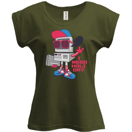 Футболка женская PANI, Хаки, Robot - I need holiday