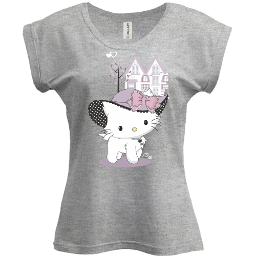 Футболка жіноча PANI, Сірий меланж, hello kitty в капелюсі
