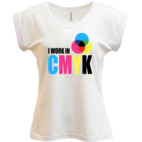 Футболка женская PANI, Белый, с надписью "i work in CMYK"