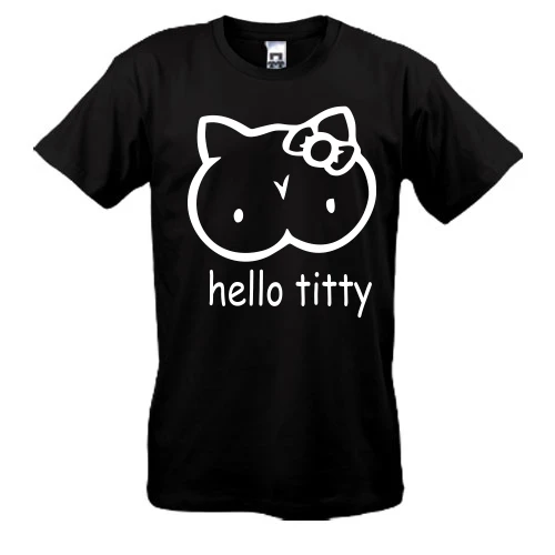 Мужская футболка, Черный, с надписью "Hello Titty" в стиле Hello Kitty
