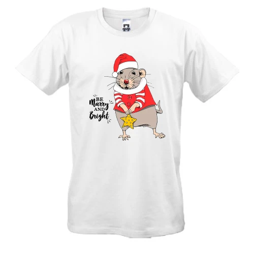 Мужская футболка, Белый, с надписью "Be merry and bright" и крысой