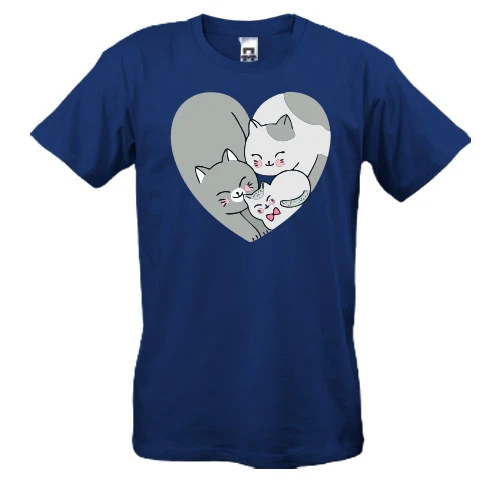 Мужская футболка, Синий, Cat Family in Heart