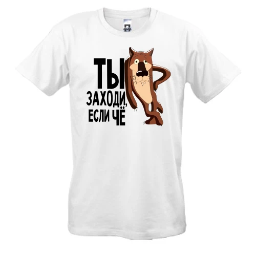Мужская футболка с волком из мультфильма и надписью «Ты заходи, если чё»