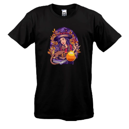 Мужская футболка, Черный, "Красивая ведьма с лисой"