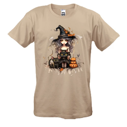 Мужская футболка, Бежевый, с Halloween-ведьмой и котиком