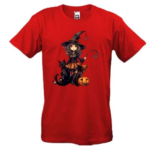 Чоловіча футболка, Червоний, з Halloween-відьмою, котиком і усміхненим гарбузом