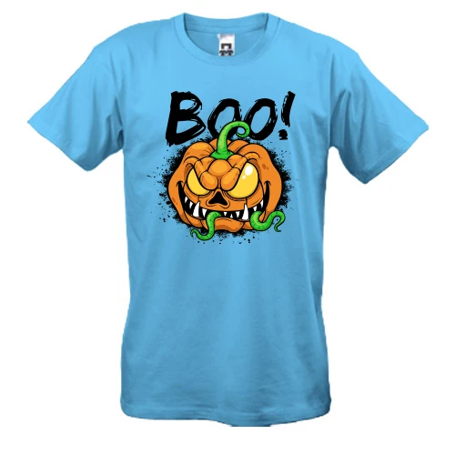 Мужская футболка, Белый, со злой тыквой и надписью BOO