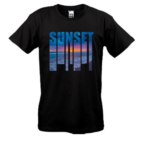 Мужская футболка, Черный, SUNSET с закатом внутри букв