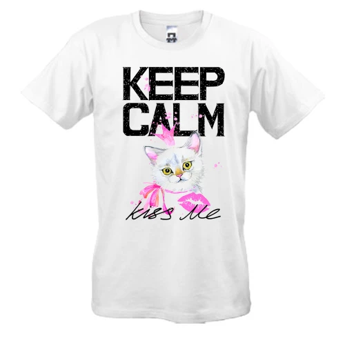 Мужская футболка, Белый, с котенком Keep calm and kiss me