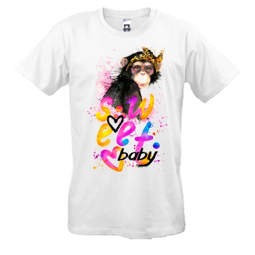 Мужская футболка, Белый, Sweet baby с обезьянкой