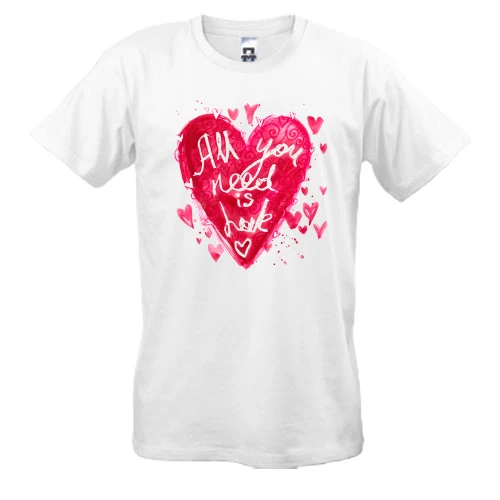 Чоловіча футболка, Білий, з фразою «All you need is love» і рожевим серцем