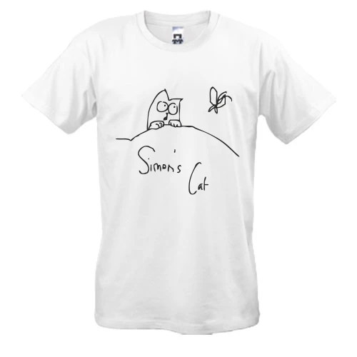 Мужская футболка, Белый, Simon's Cat с бабочкой