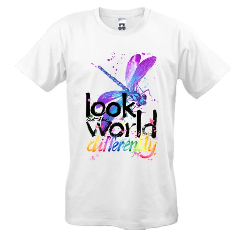 Мужская футболка, Белый, с стрекозой "Look at the world differentty"