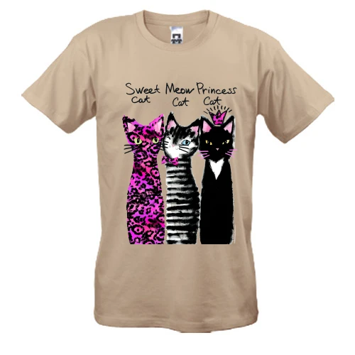 Чоловіча футболка, Бежевий, з трьома котами "sweet, princess, meow" (1)