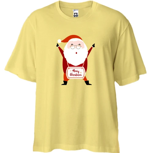 Футболка двунитка Oversize, Желтый, с весёлым Сантой "Merry Christmas"