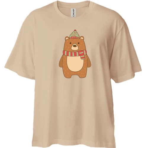 Футболка двунитка Oversize, Бежевый, с мишуткой в шапке