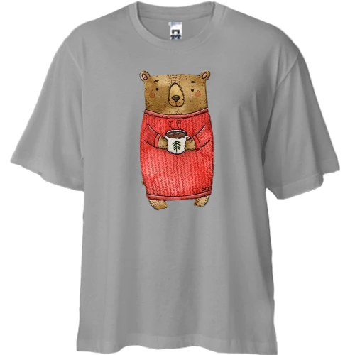 Футболка двонитка Oversize, Сірий, з ведмедем в светрі