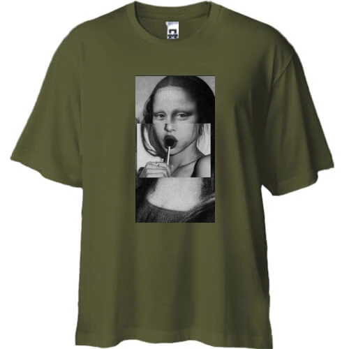 Футболка двунитка Oversize, Хаки, с Джокондой и леденцом