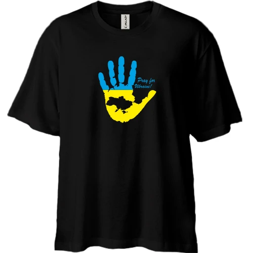 Футболка двонитка Oversize з фразою «Pray for Ukraine», долонею та мапою