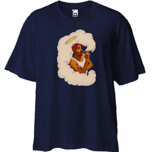Футболка двунитка Oversize, Синий, с 2PAC на небесах