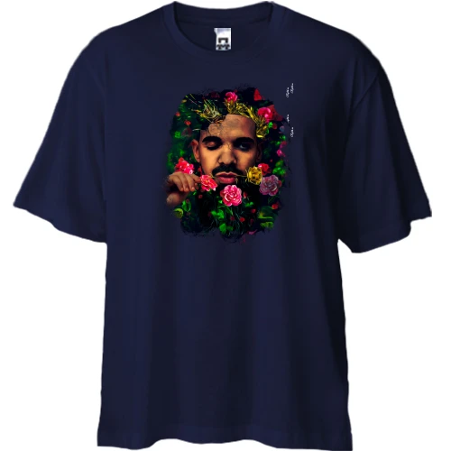 Футболка двунитка Oversize, Синий, с Drake и цветами