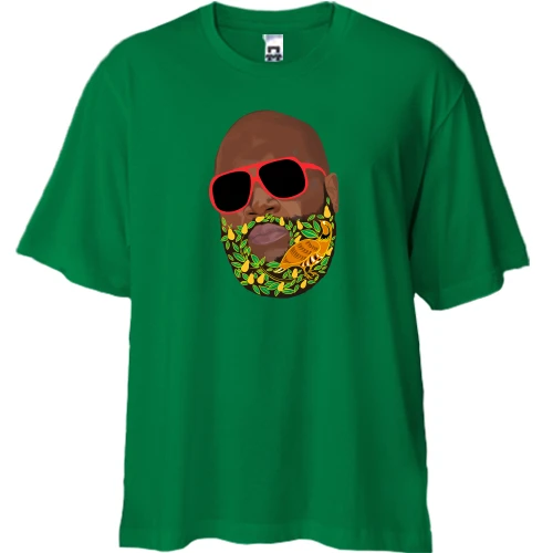 Футболка двунитка Oversize, Зеленый, с Rick Ross и цветочной бородой