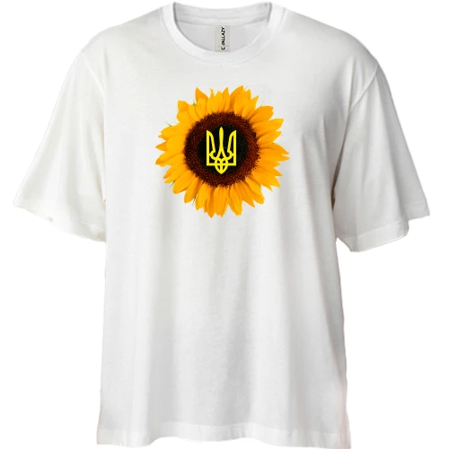 Футболка двунитка Oversize, Белый, Подсолнух с гербом Украины