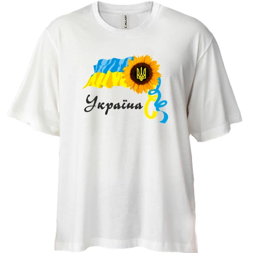 Футболка двунитка Oversize с флагом Украины, подсолнухом и тризубом