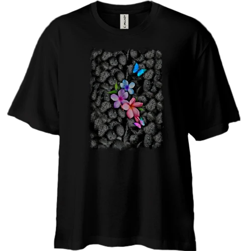 Футболка двунитка Oversize с тропическими цветами и бабочками