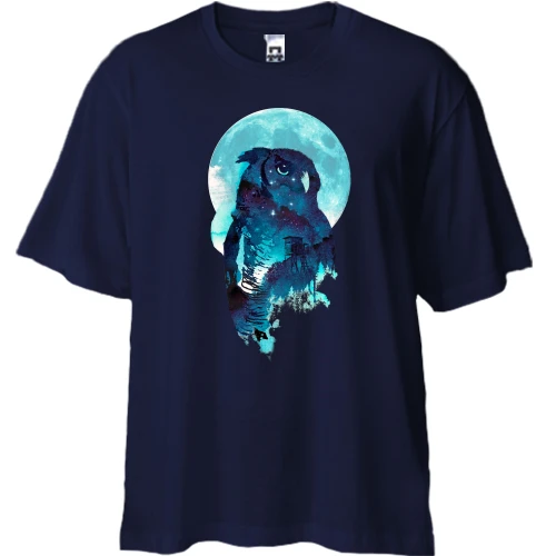 Футболка двунитка Oversize, Синий, с лунной совой