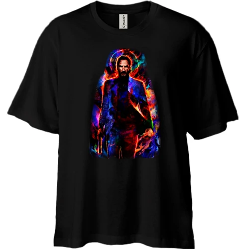 Футболка двунитка Oversize, Черный, с Джоном Уиком на фоне огня (Джон Уик)