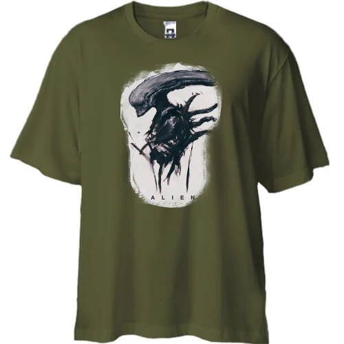 Футболка двунитка Oversize, Хаки, с Чужим (Alien)