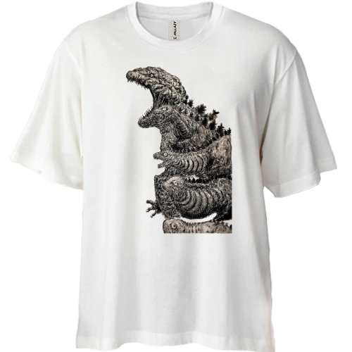 Футболка двунитка Oversize, Белый, с Годзиллами