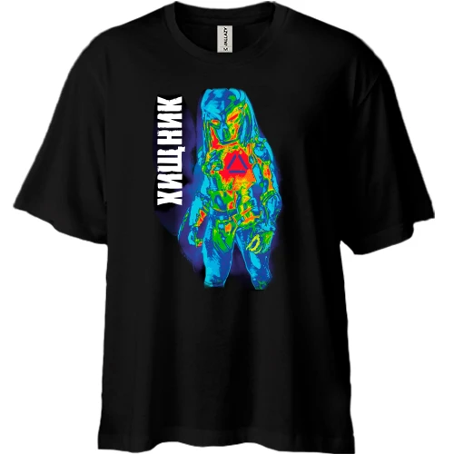 Футболка двонитка Oversize, Чорний, з Хижаком в інфрачервоному світлі