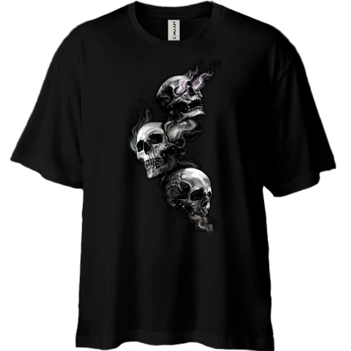 Футболка двунитка Oversize, Черный, с дымящимися черепами