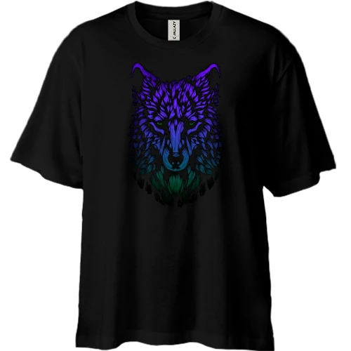 Футболка двунитка Oversize, Черный, с цветным волком