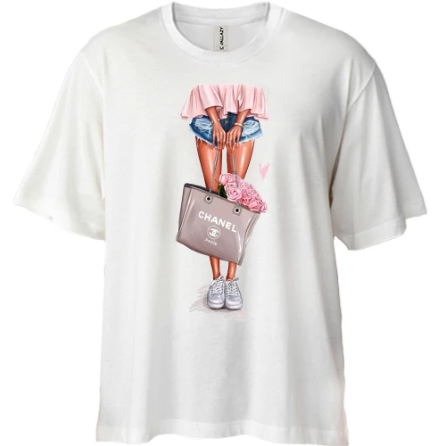 Футболка двунитка Oversize, Синий, Девушка с сумкой