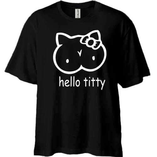 Футболка двунитка Oversize, Черный, с надписью "Hello Titty" в стиле Hello Kitty