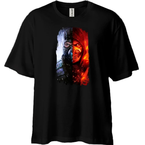Футболка двунитка Oversize, Черный, с Sub Zero и Скорпионом из Mortal Kombat