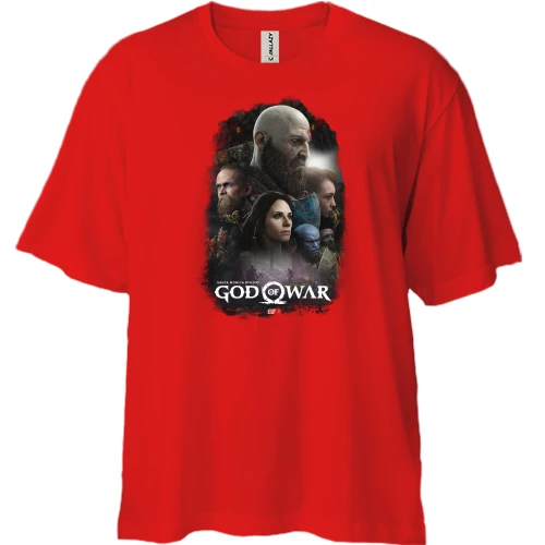 Футболка двунитка Oversize, Красный, с постером игры God of War