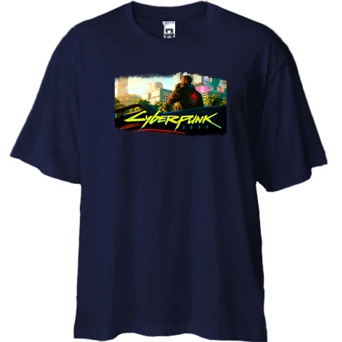 Футболка двунитка Oversize, Синий, с главным героем игры Cyberpunk 2077