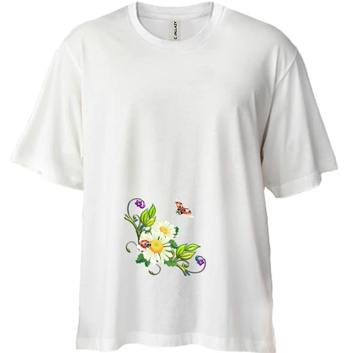 Футболка двонитка Oversize з ромашками та божей корівкой
