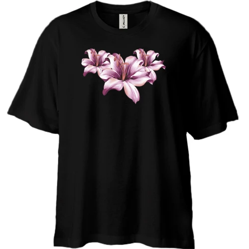 Футболка двунитка Oversize, Черный, с фиолетовыми цветами