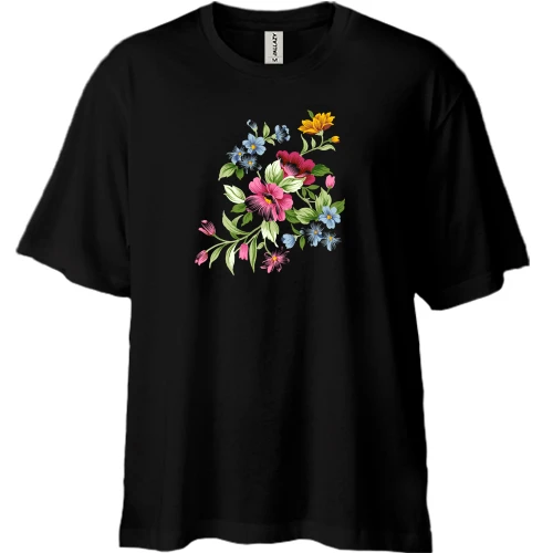 Футболка двунитка Oversize, Черный, с цветочным артом (2)