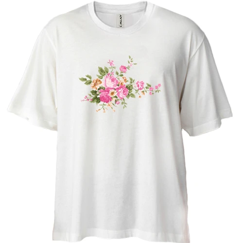 Футболка двунитка Oversize, Белый, с розами
