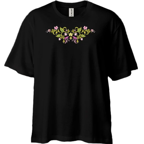 Футболка двунитка Oversize, Черный, с орнаментными цветами