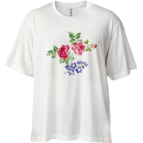 Футболка двунитка Oversize, Белый, с рисунком роз (2)