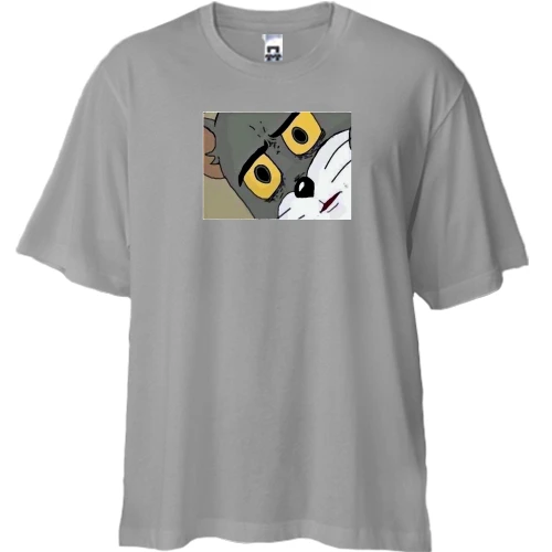Футболка двунитка Oversize, Серый, с удивленным Томом (Том и Джерри)