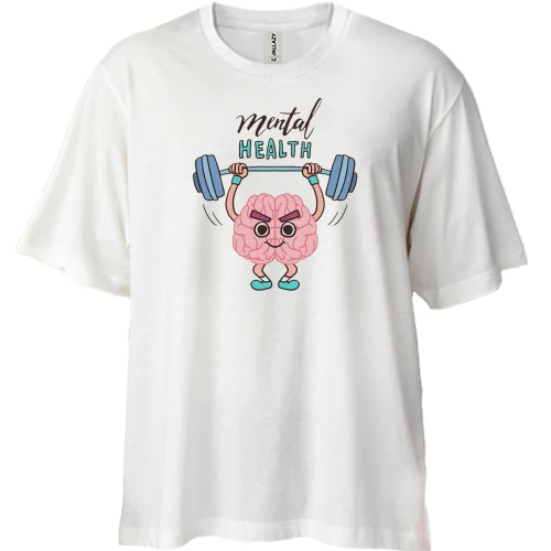 Футболка двунитка Oversize, Белый, с надписью "Mental Health" и мозгом